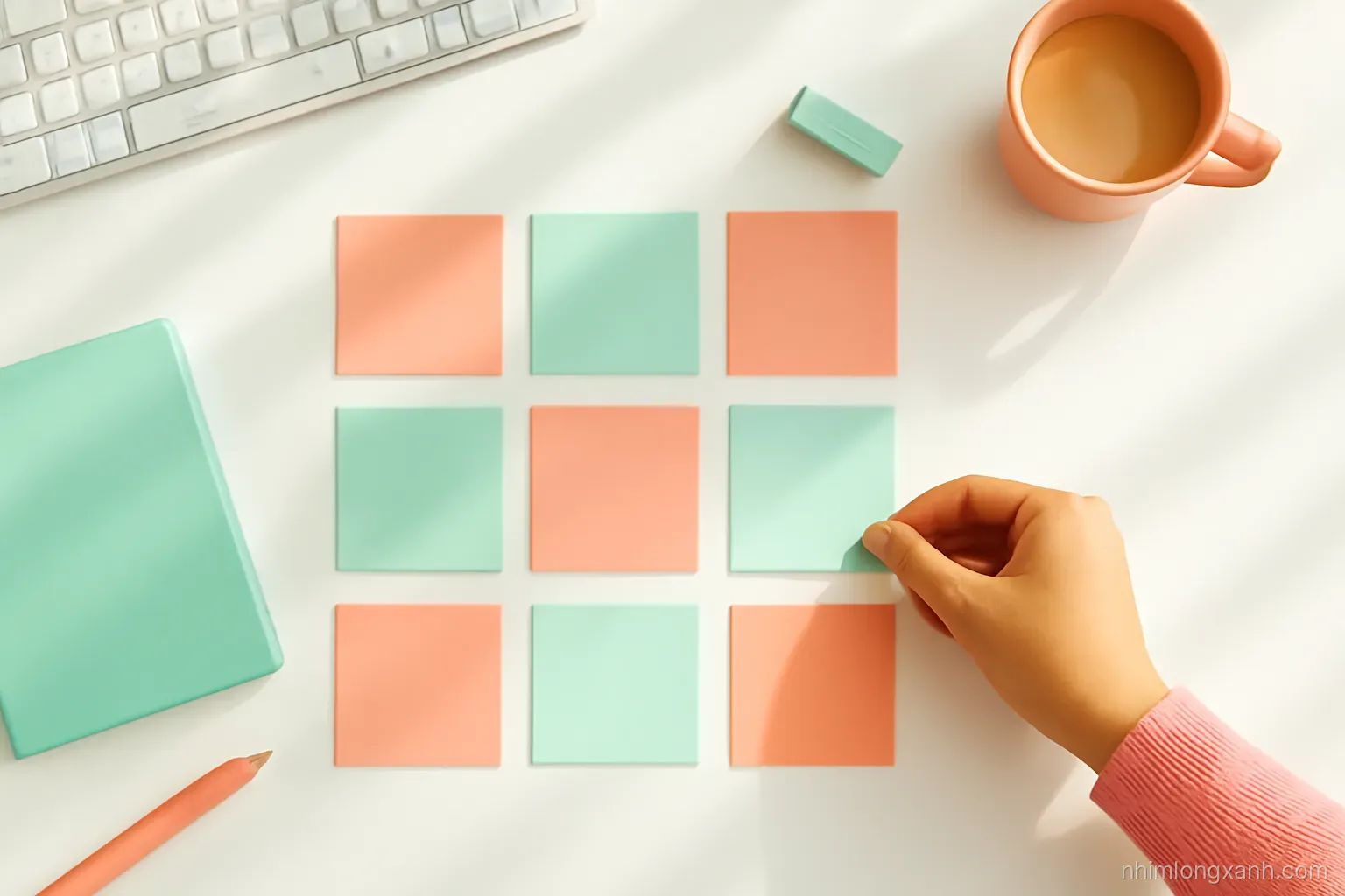 Top-down flat lay of a bright desk with twelve blank pastel sticky notes arranged in a three by four grid, a Vietnamese student hand placing the last one, coral and mint palette, morning light