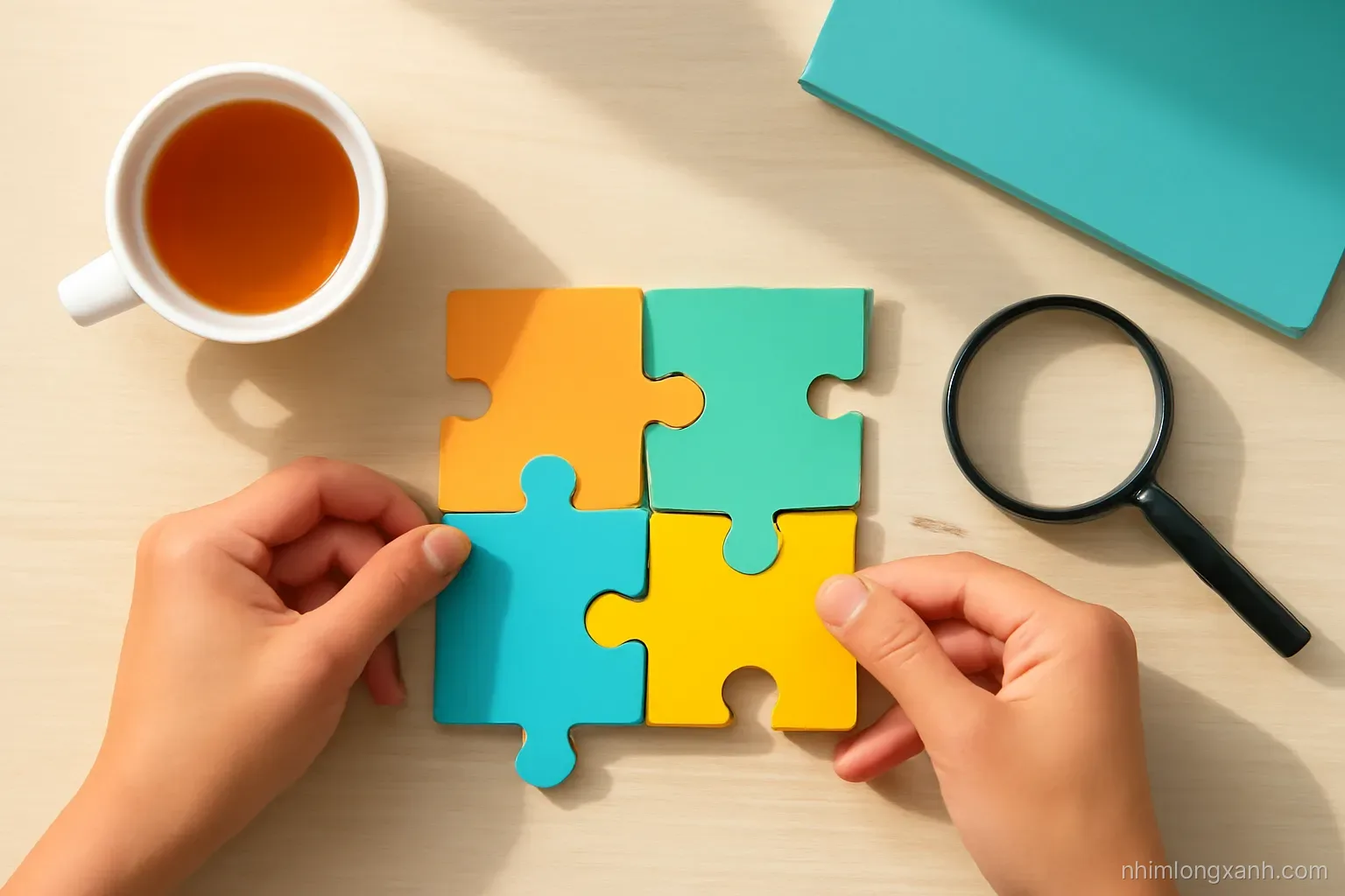 Top-down flat lay of a wooden desk with colorful puzzle pieces being joined by two Vietnamese hands, a cup of tea and a magnifying glass, bright morning light, teal and orange tones