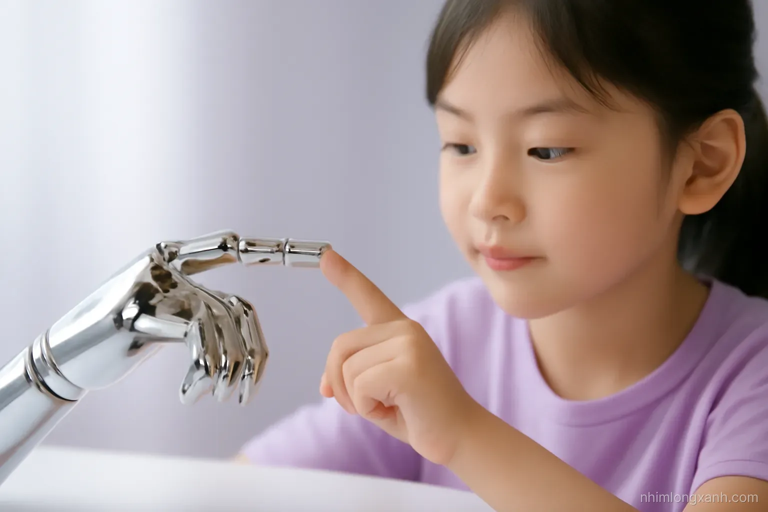 Macro shot of a Vietnamese child fingertip touching a polished chrome robot hand across a white table, soft diffused studio light, shallow depth of field, pearl white and lavender palette