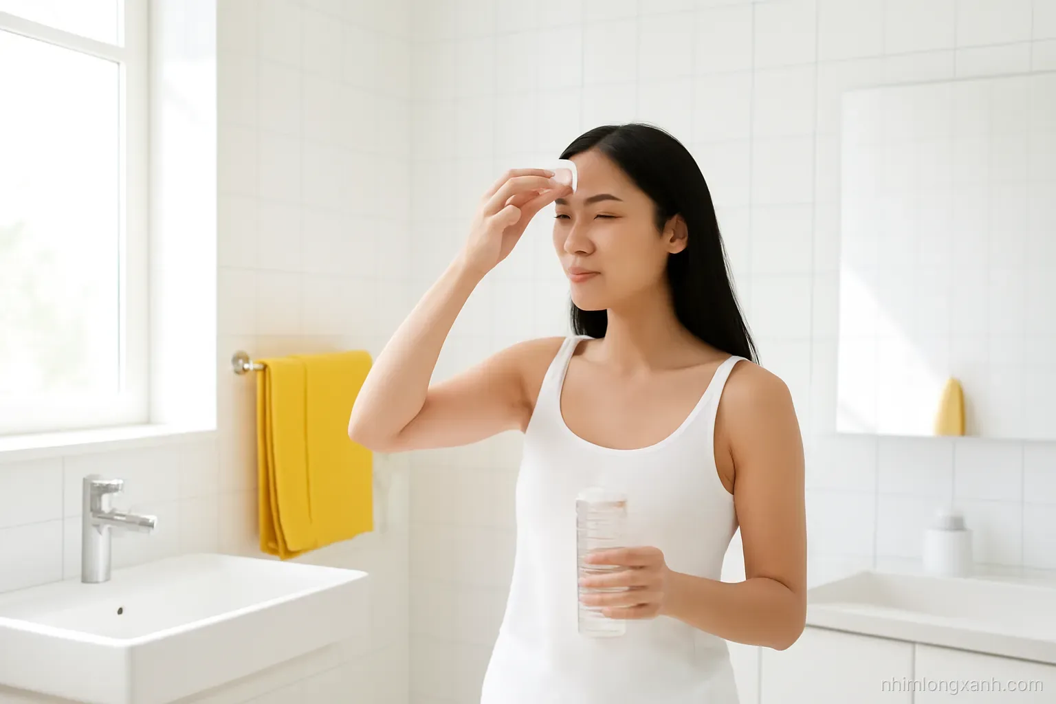 Wide shot of a bright minimalist bathroom where a Vietnamese woman pats liquid from a cotton pad onto her forehead, white tiles, citrus yellow towels, airy morning sunlight