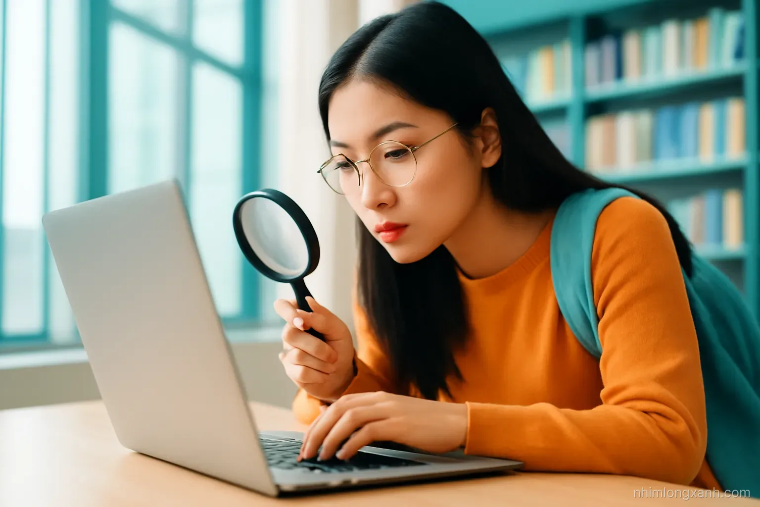 Low angle shot of a Vietnamese university student holding a magnifying glass up to a laptop with a blank glowing screen in a bright library corner, teal and orange palette