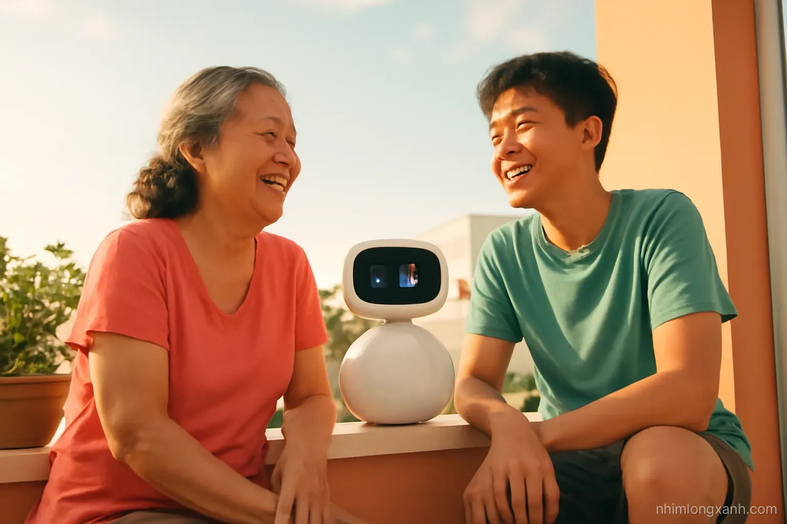 Low angle shot of a Vietnamese grandmother and teenage grandson laughing on a balcony, a small white home robot between them, potted herbs, warm late afternoon light, coral and teal tones