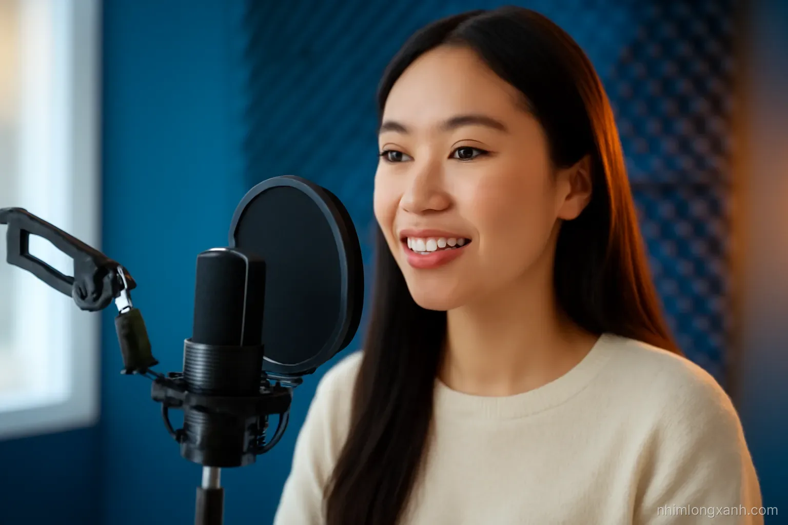 Close-up of a Vietnamese young woman in a small home studio speaking into a condenser microphone with pop filter, foam panels behind, warm amber rim light, deep blue background