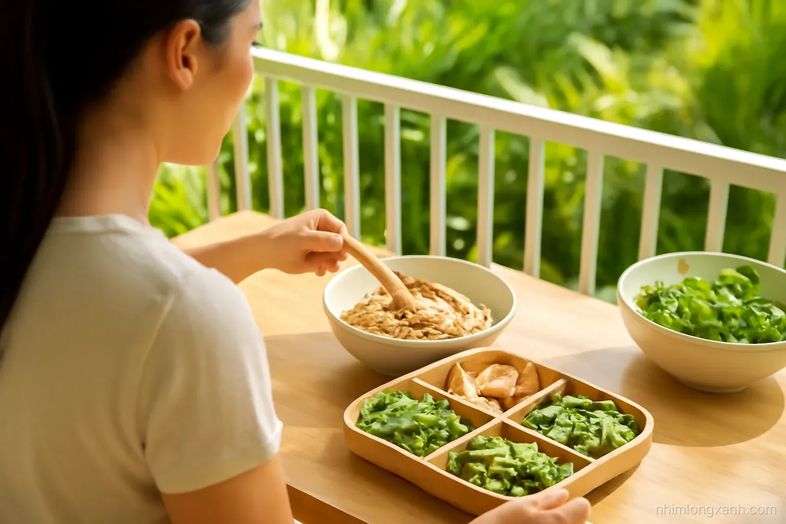 Over-the-shoulder shot of a young Vietnamese woman serving brown rice, tofu, edamame and leafy greens into a divided bamboo tray on a sunny balcony, lush green and warm wood tones