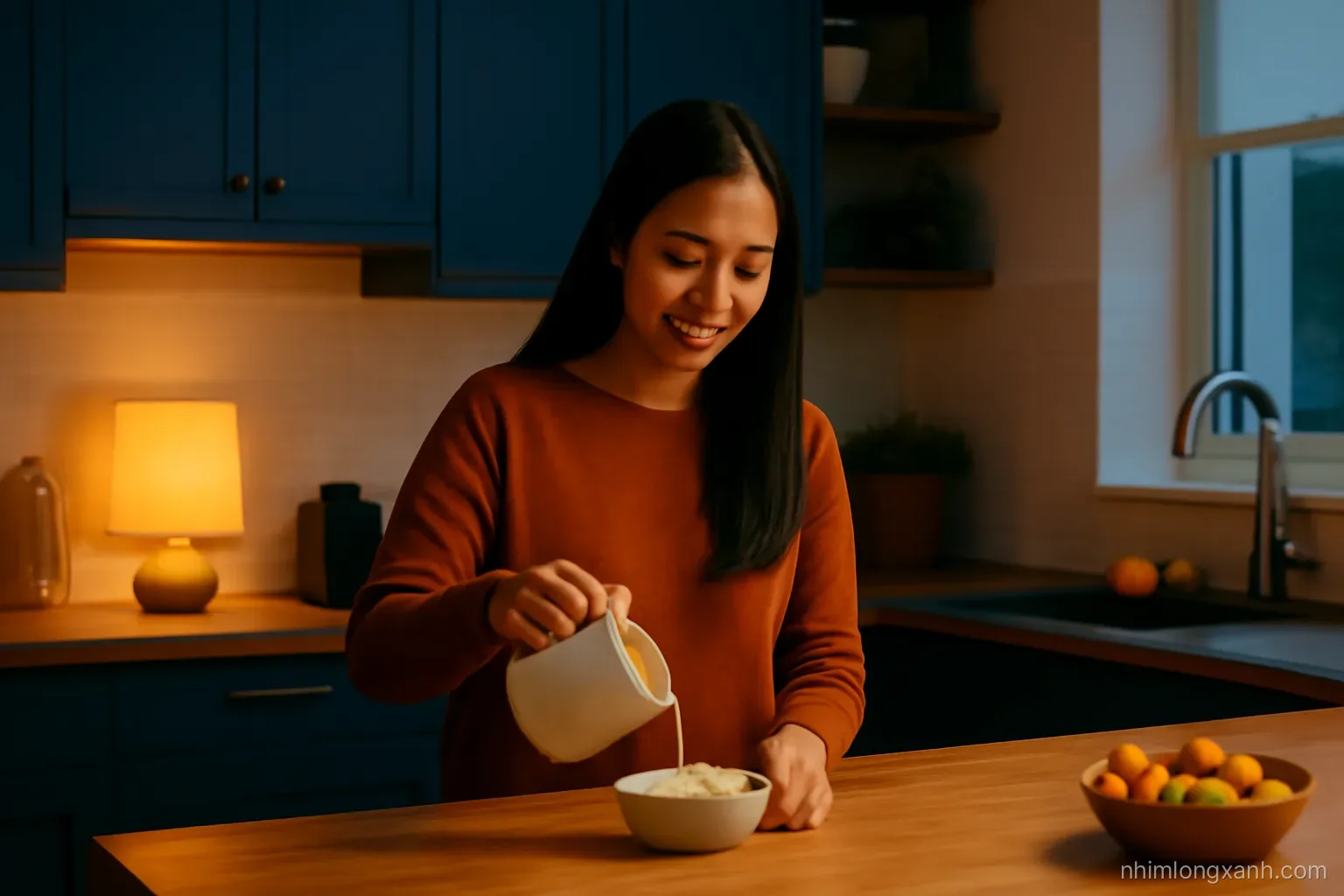 Wide shot of a cozy dim kitchen at night, a young Vietnamese woman pouring warm milk beside a small bowl of banana slices, warm amber lamp glow, navy and honey tones