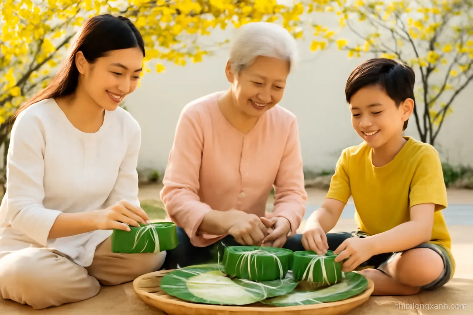 Eye-level side shot of three generations of a Vietnamese family wrapping square sticky rice cakes with green dong leaves on a courtyard mat, yellow apricot blossoms, bright morning sun