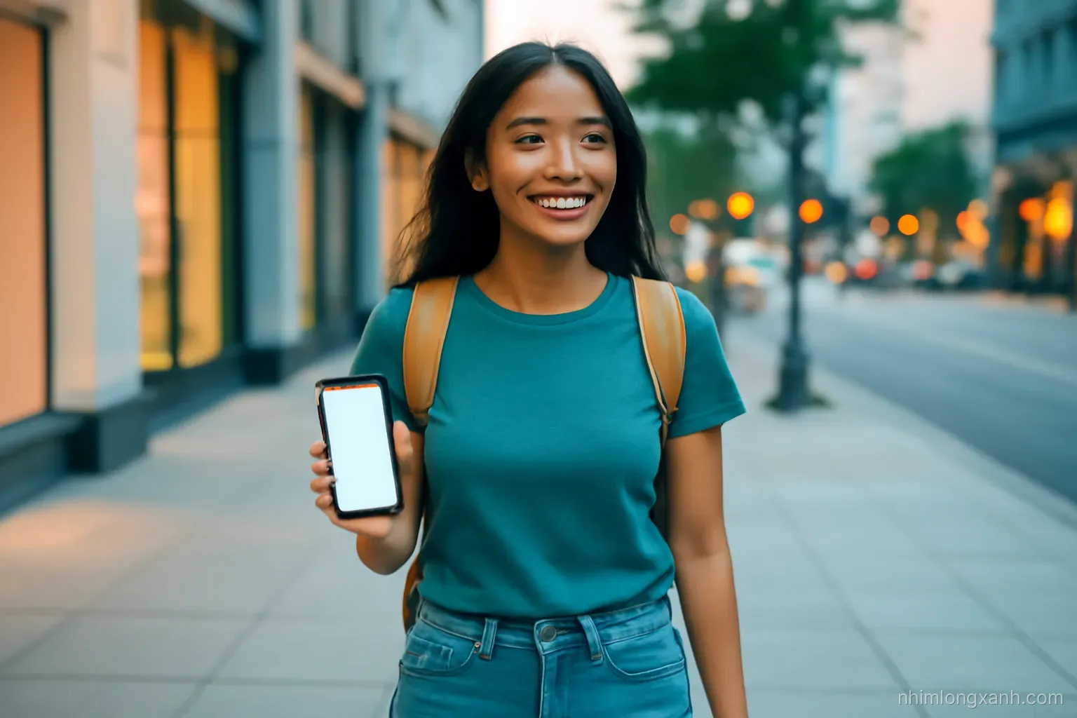Eye-level front view tracking shot of a young Vietnamese woman with a backpack walking along a brightly lit city sidewalk at dusk, phone in hand with blank glowing screen, teal and amber tones