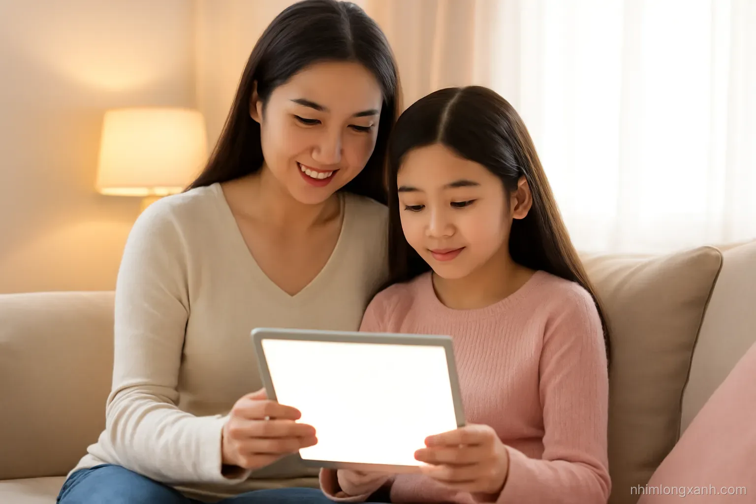 Close-up of a Vietnamese mother and her ten-year-old daughter sitting together on a sofa looking at a tablet with a blank glowing display, cozy warm lamp light, soft pink and beige tones