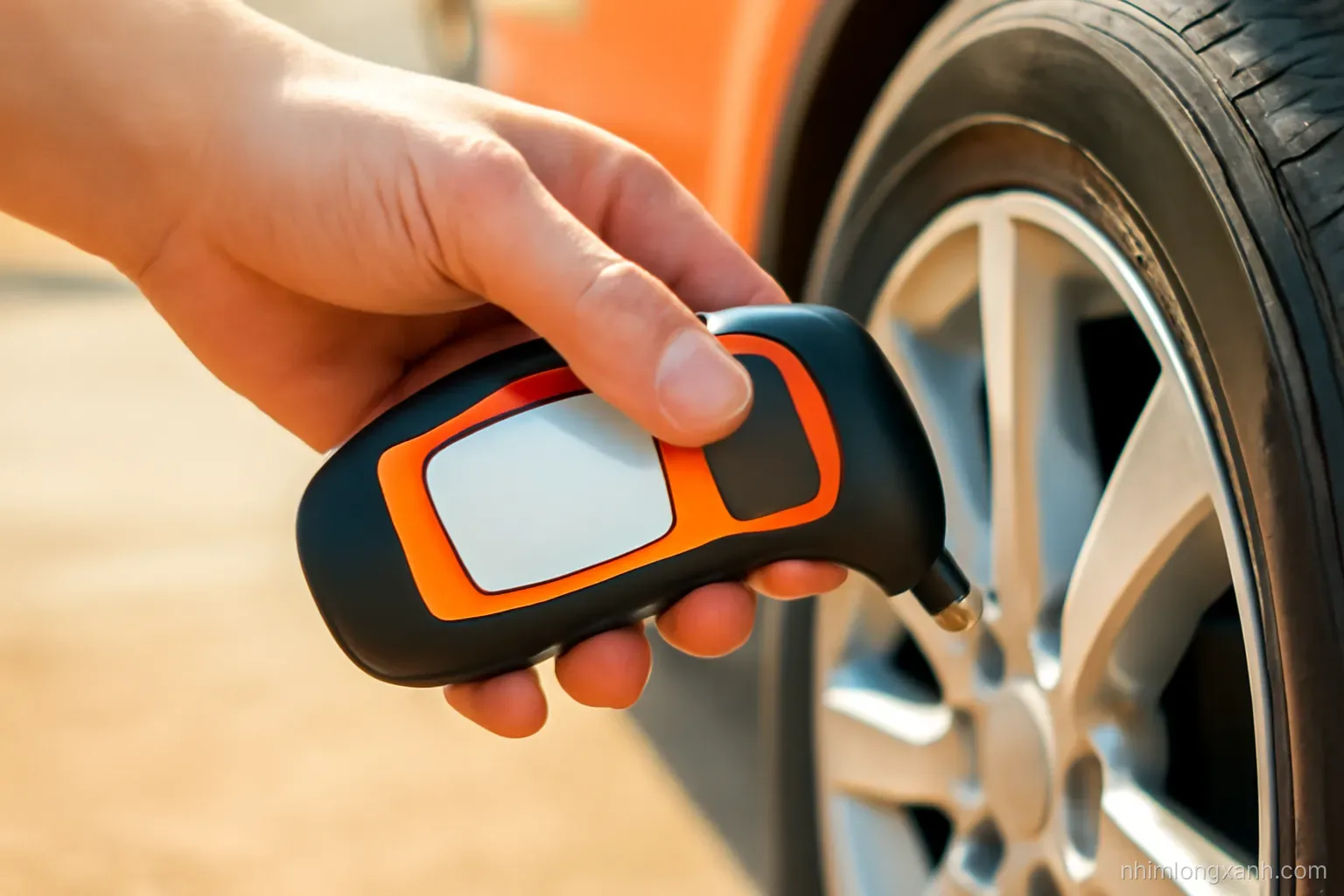 Macro close-up of a hand pressing a digital tire pressure gauge onto a car tire valve, blank gauge face, sunny driveway, shallow depth of field, orange and charcoal tones