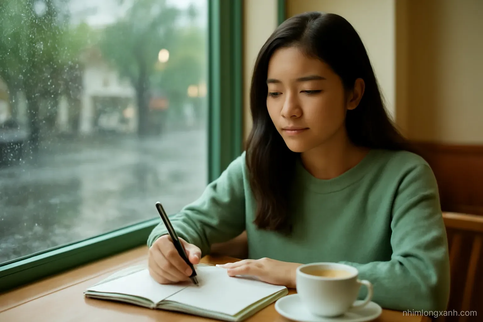 Low angle shot of a Vietnamese female student writing in a notebook at a cafe window table, rainy street blurred behind, soft diffused light, sage green and warm brown palette