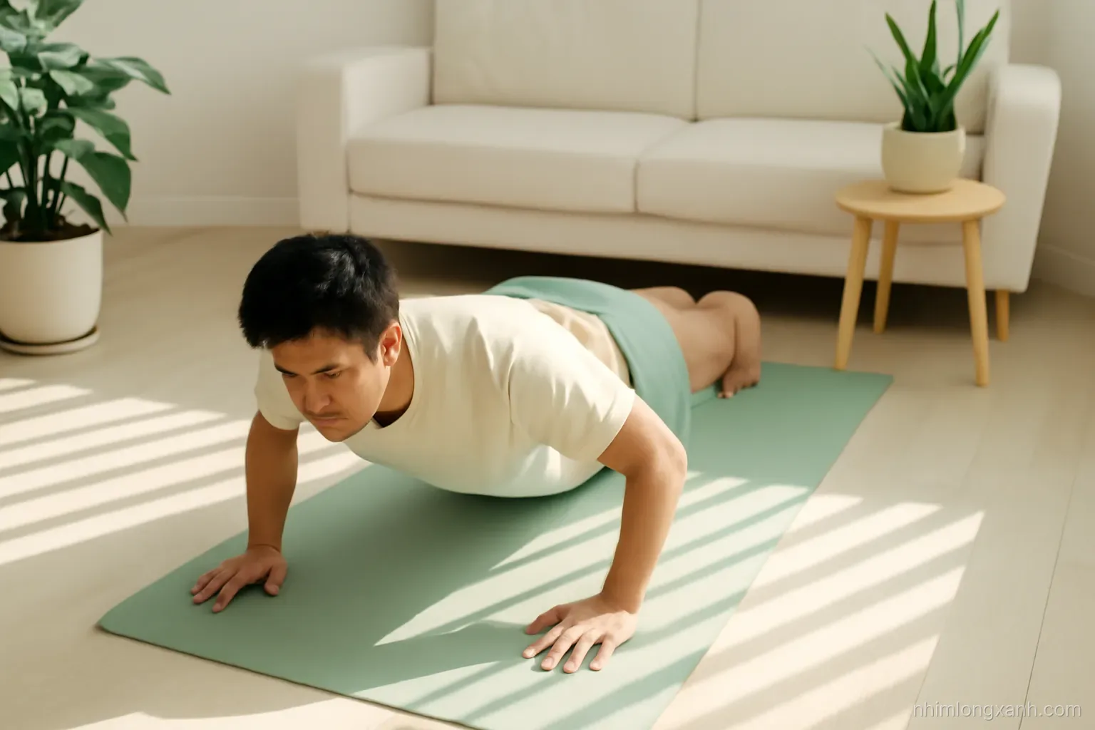 Top-down view of a Vietnamese young man doing push-ups on a yoga mat in a bright minimalist living room, potted plants, sunlight stripes, sage green and cream tones