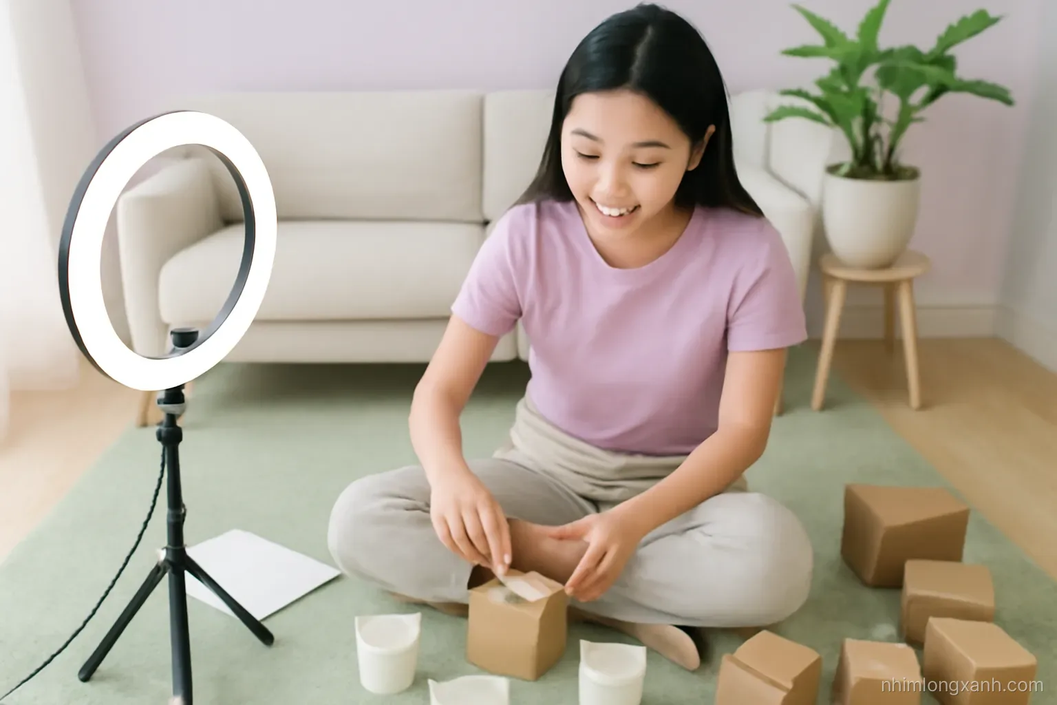 Young Vietnamese woman packing handmade candles into kraft boxes on a living room floor, ring light glowing, top-down flat lay, pastel lilac and sage green palette