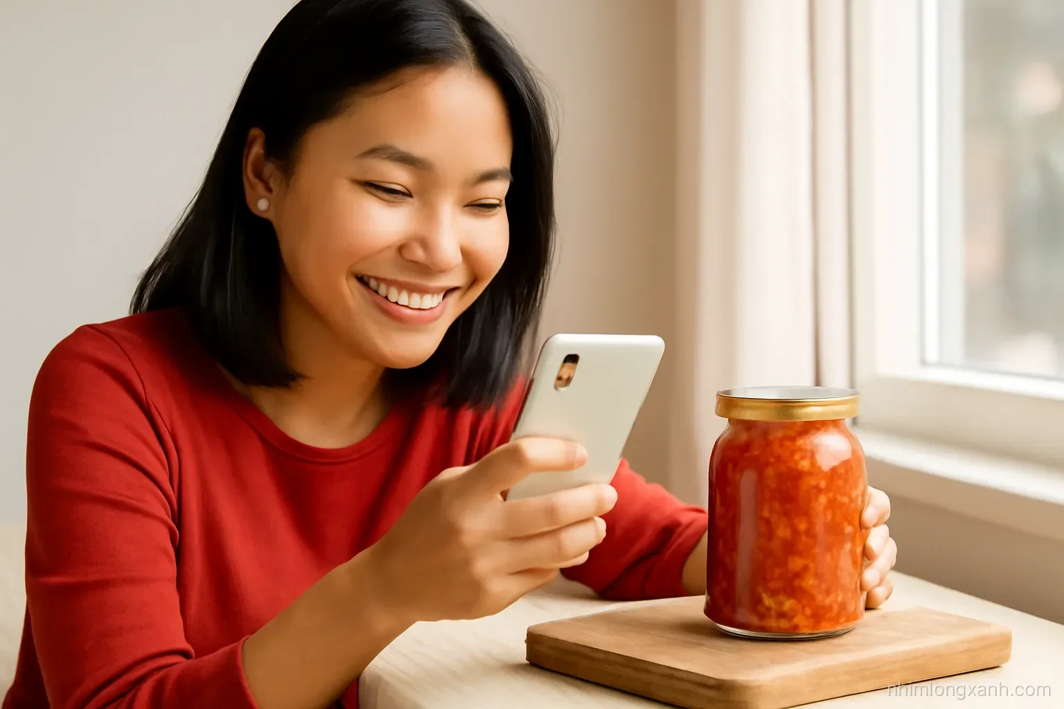Close-up of a Vietnamese woman photographing an unlabeled jar of homemade chili sauce on a rustic wooden board near a window, smartphone in hand, warm natural light, red and cream palette