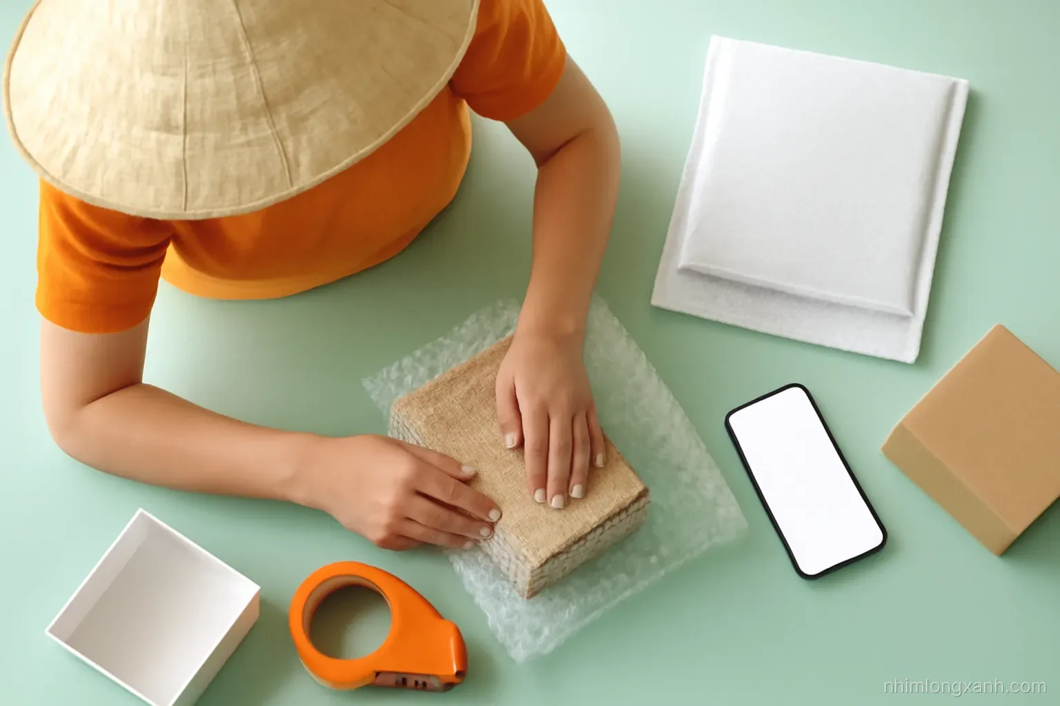 Top-down flat lay of a Vietnamese seller packing a small parcel with bubble wrap, tape and a phone with blank glowing display on a mint desk, soft daylight, orange and white accents
