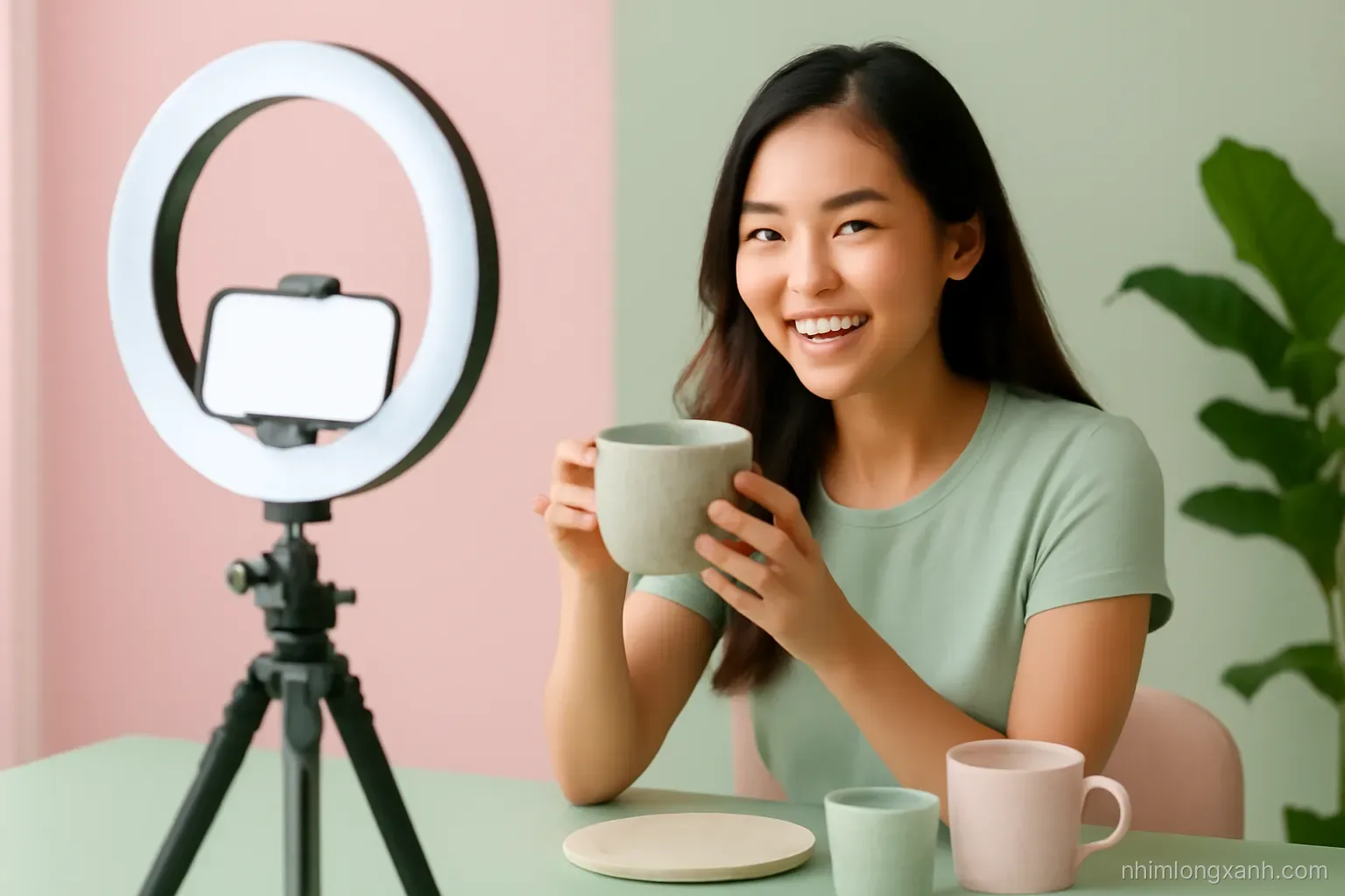 Young Vietnamese woman livestreaming handmade ceramic mugs from a ring-lit home studio, phone on tripod with blank display, over-the-shoulder shot, bright pastel pink and sage green palette