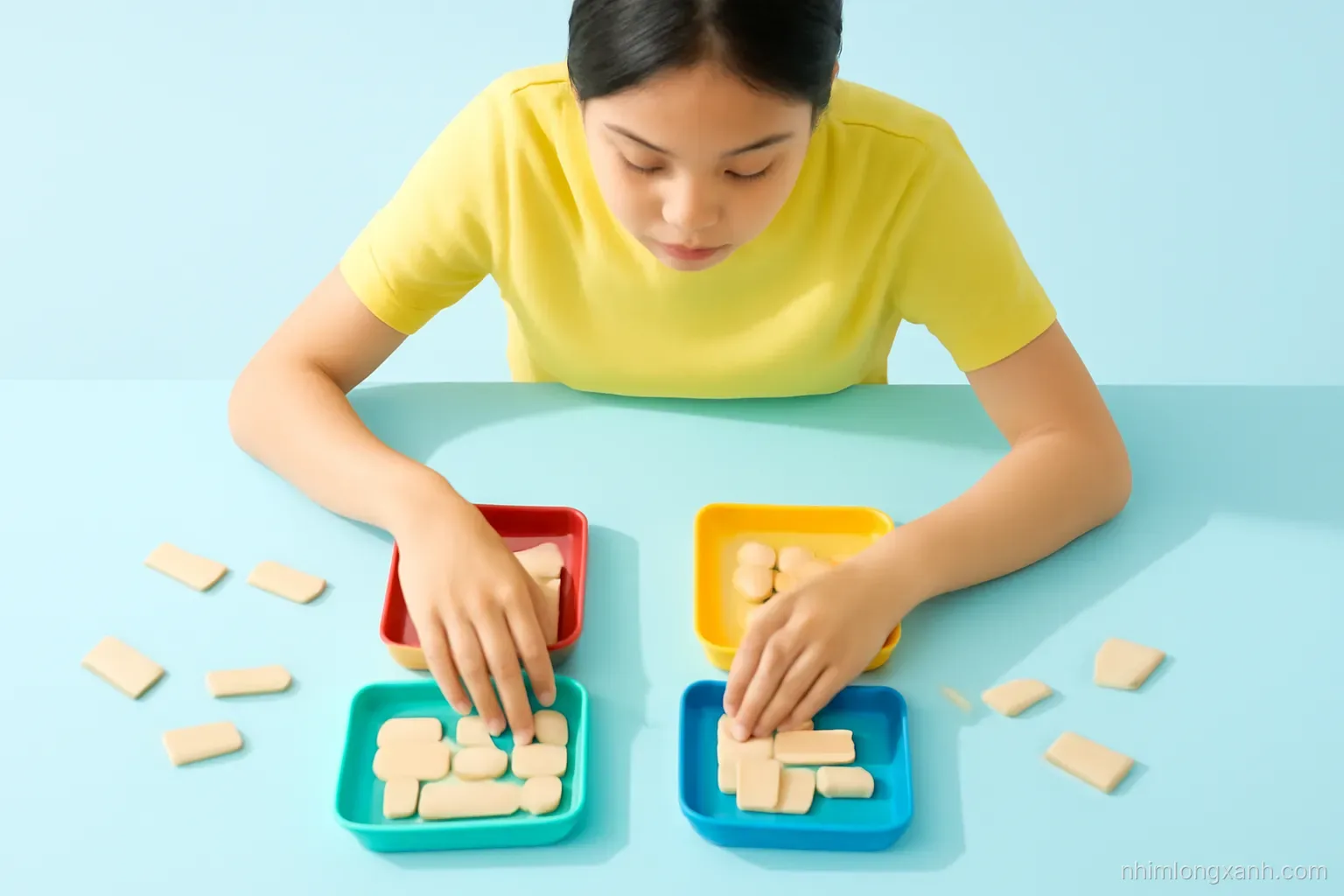 Top-down view of a Vietnamese teenager sorting blank wooden tiles into colorful small trays on a light blue table, hands in motion, bright even daylight, sky blue and lemon palette