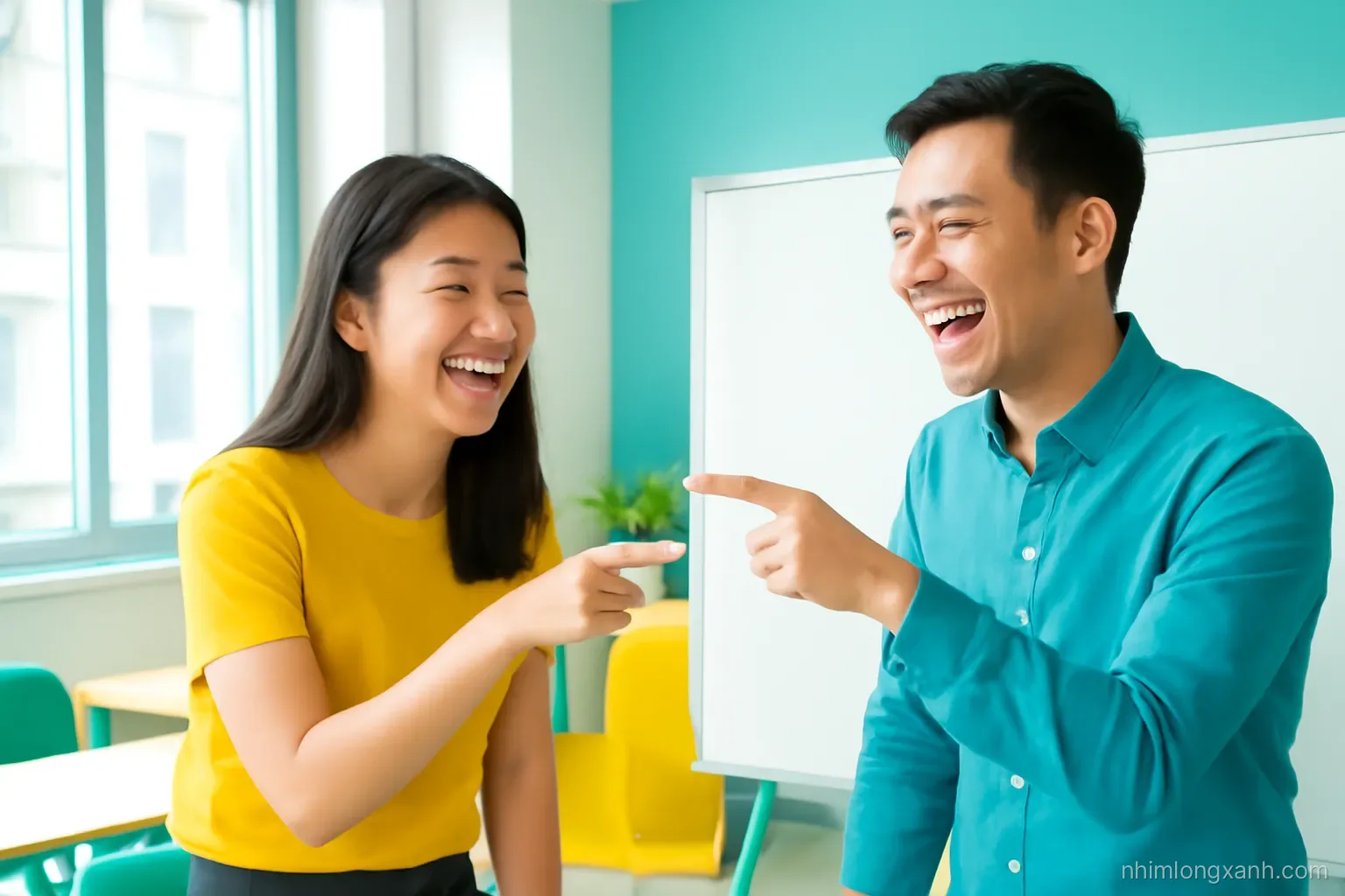 Close-up of two young Vietnamese colleagues laughing while pointing at a blank whiteboard in a modern coworking space, bright daylight, turquoise and lemon yellow accents