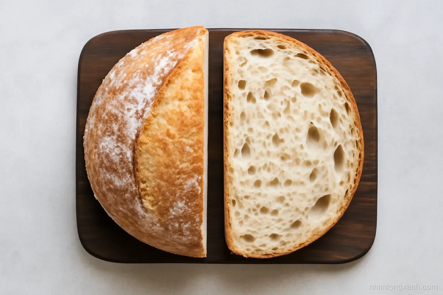 Close-up overhead of a cut homemade loaf showing a dense pale crumb beside a properly airy one on a dark wooden board, cool daylight, muted grey and wheat tones