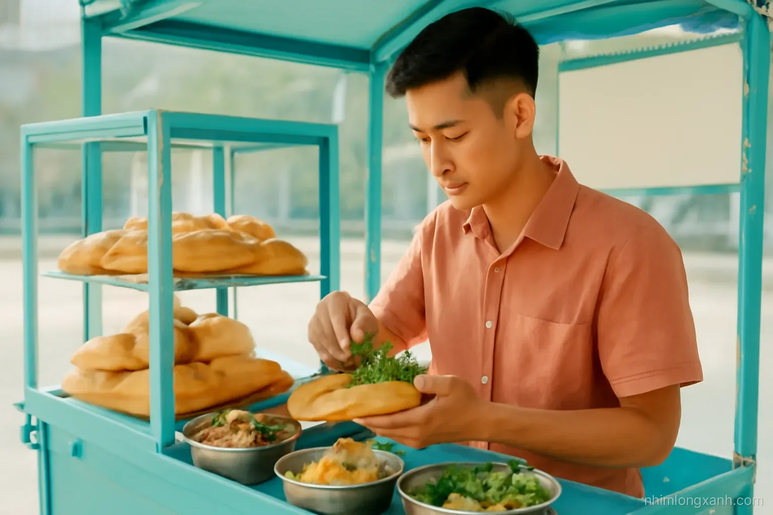 Wide shot of a young Vietnamese man assembling crusty baguettes with mushroom pate, sliced tofu skin roll, pickles and cilantro at a bright street-style cart, morning light, teal and golden tones