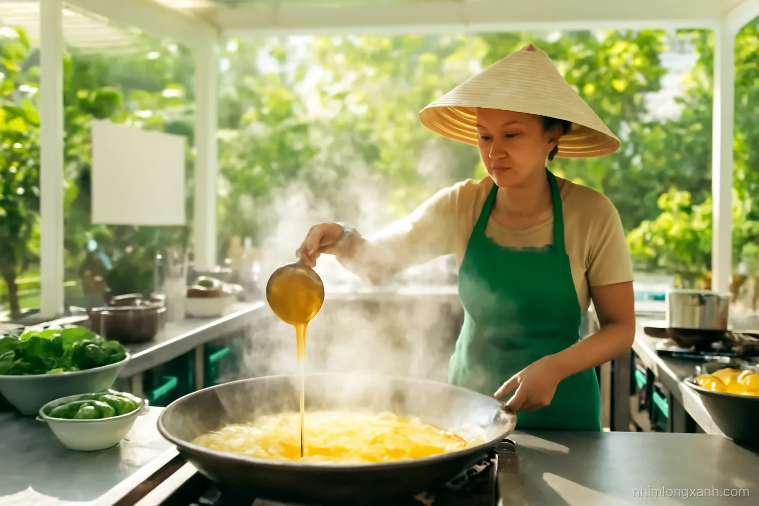 Wide shot of a busy outdoor kitchen with a Vietnamese cook pouring golden batter into a large sizzling pan, steam rising, turmeric yellow and leafy green, late afternoon sun
