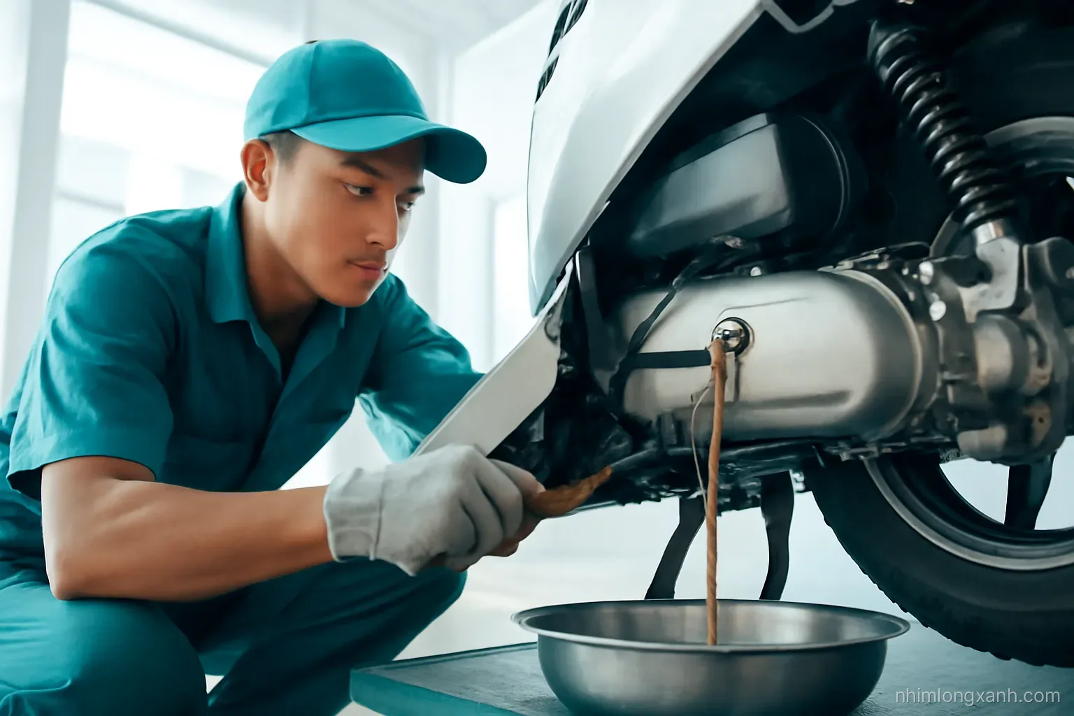 Close-up of a Vietnamese mechanic draining golden engine oil from a scooter into a steel pan, bright clean workshop, low angle, teal and amber tones, soft daylight