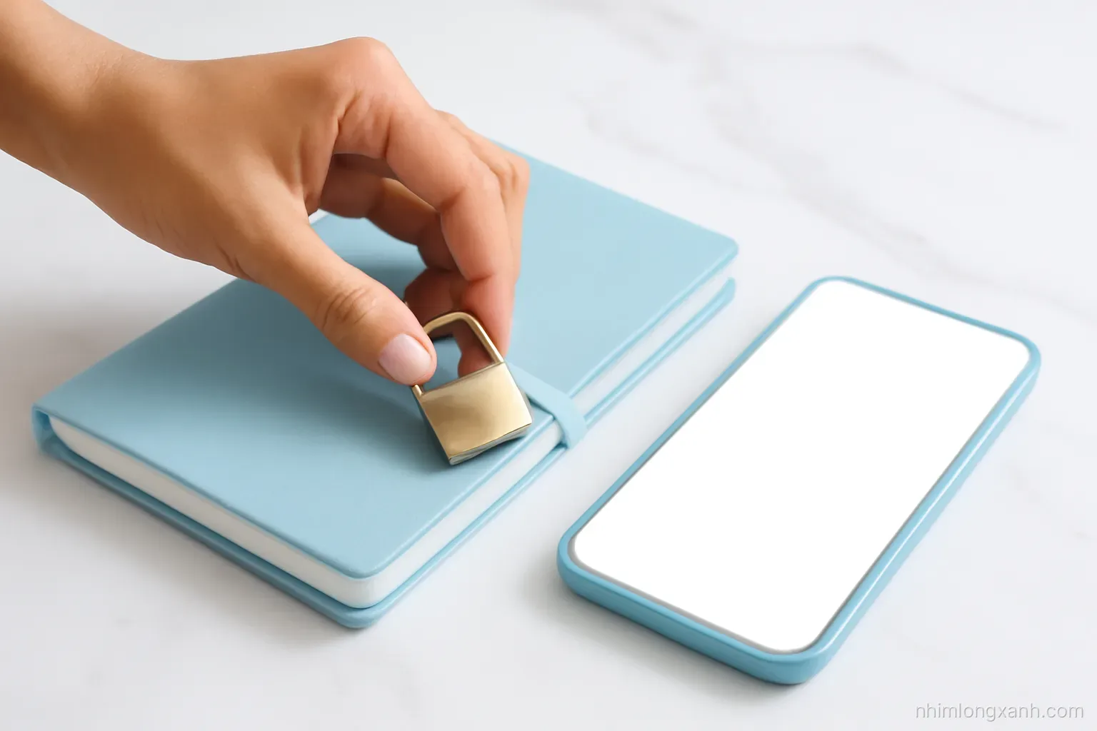Extreme close-up of a Vietnamese woman’s hand sliding a small brass padlock onto a closed notebook beside a smartphone with a blank glowing screen, white marble desk, sky blue accents, crisp daylight