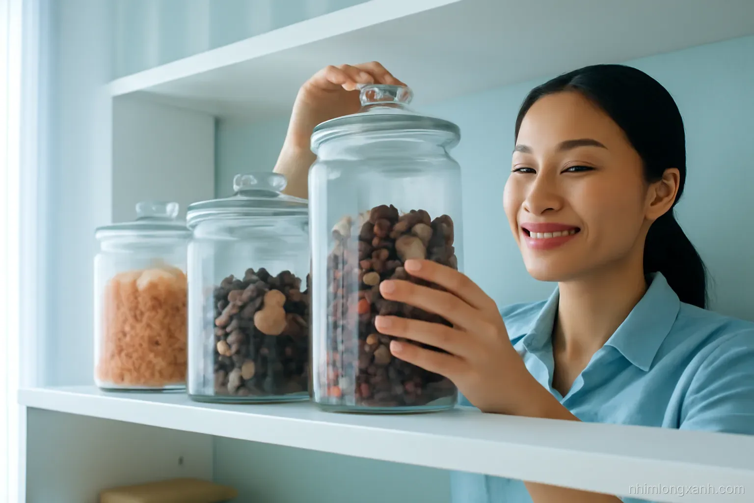Low angle shot of neat glass jars filled with dried shrimp, shiitake mushrooms, red beans and dried squid on an open pantry shelf, a Vietnamese woman closing a lid, cool blue morning light