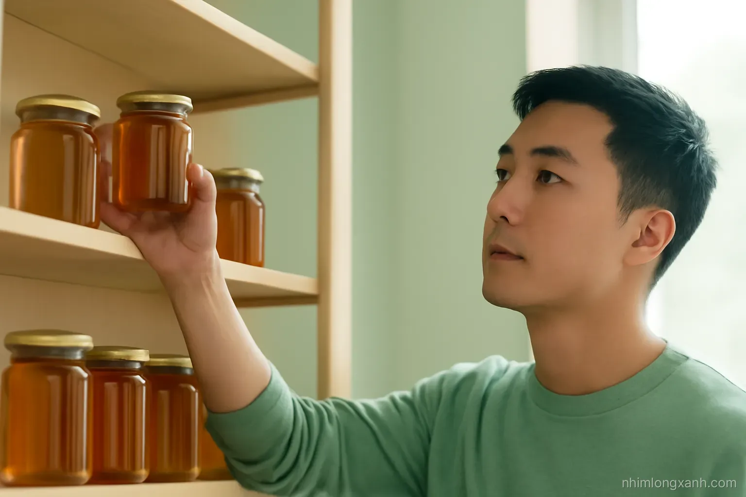 Eye-level side view of a Vietnamese man pressing a rubber-sealed lid onto a small glass honey jar beside a dry wooden spoon on a white marble counter, cool window light, gold and grey