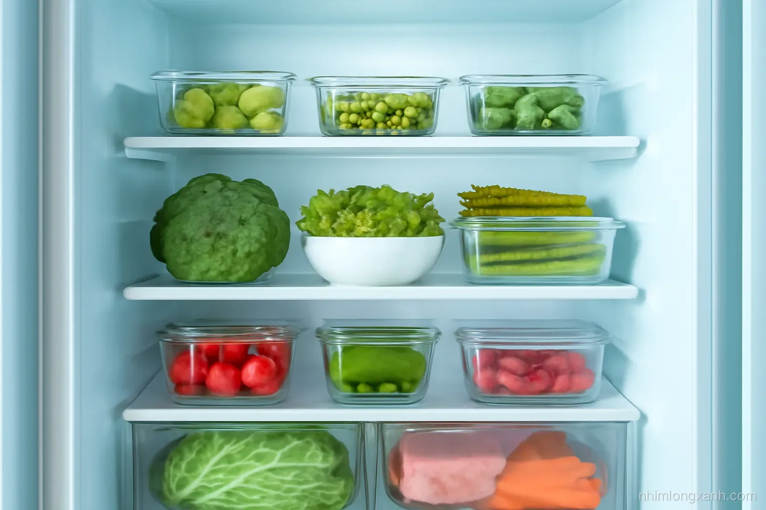 Straight-on shot of an open modern fridge neatly organized with glass containers, fresh vegetables and covered meat trays, cool white light, soft blue and green palette