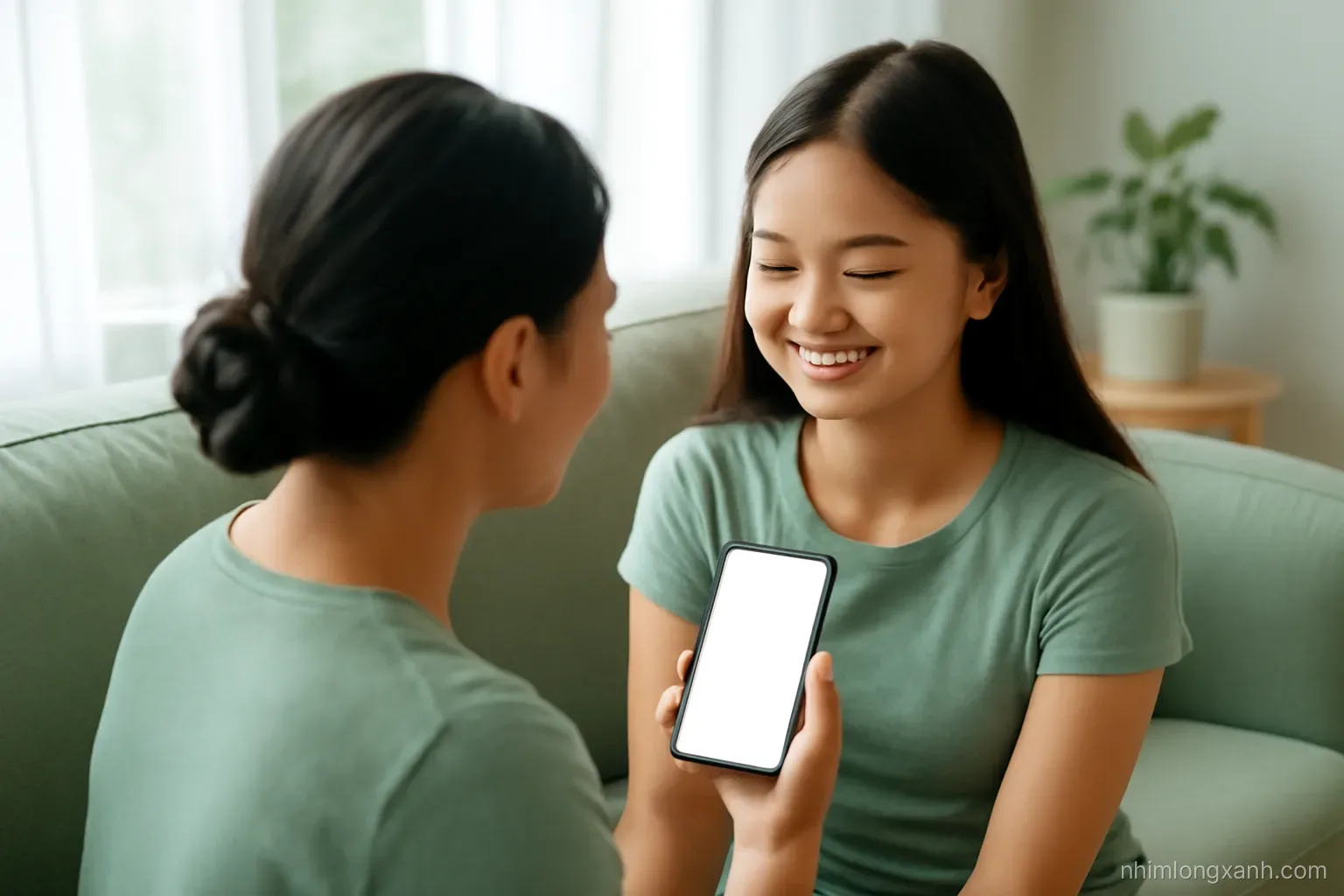 Over-the-shoulder view of a Vietnamese mother and her teenage daughter sitting close on a sofa, the girl holding a phone with a blank glowing screen, soft afternoon window light, sage green tones