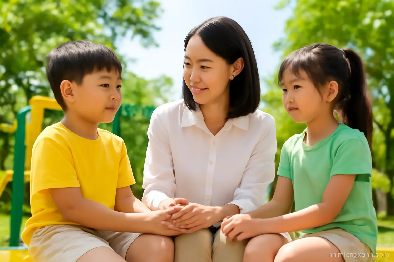 Two Vietnamese preschoolers sitting on a playground bench as a calm young teacher kneels between them holding their hands, low-angle view, green trees, bright midday light, yellow and fresh green