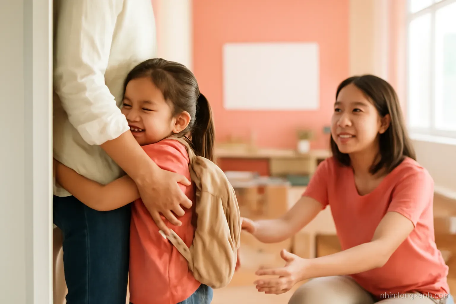 Close-up at child height of a Vietnamese preschool girl hugging her father goodbye at a classroom doorway, teacher kneeling nearby with open arms, soft morning light, coral and cream colors