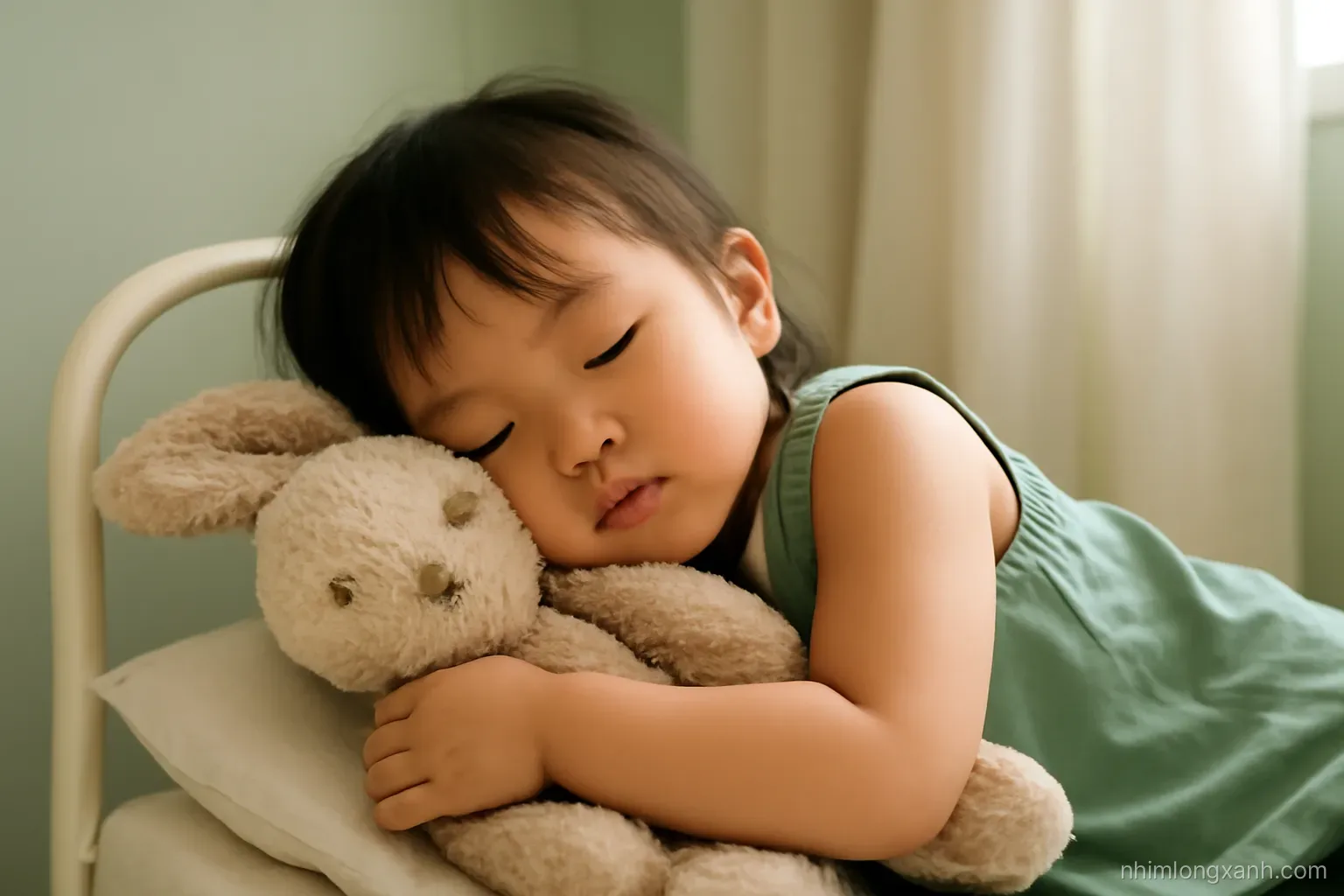 Soft close-up of a sleepy Vietnamese three-year-old hugging a worn plush rabbit on a small cot, muted afternoon light filtering through curtains, gentle sage green and cream colors