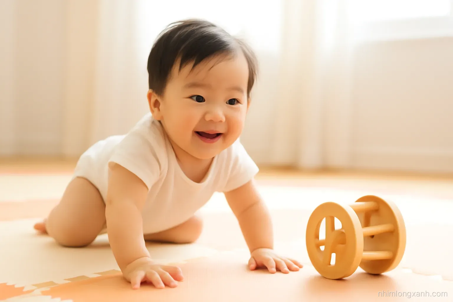 Low close-up of a smiling Vietnamese baby crawling across a soft foam play mat toward a rolling wooden toy, bright window light, warm white and pastel orange