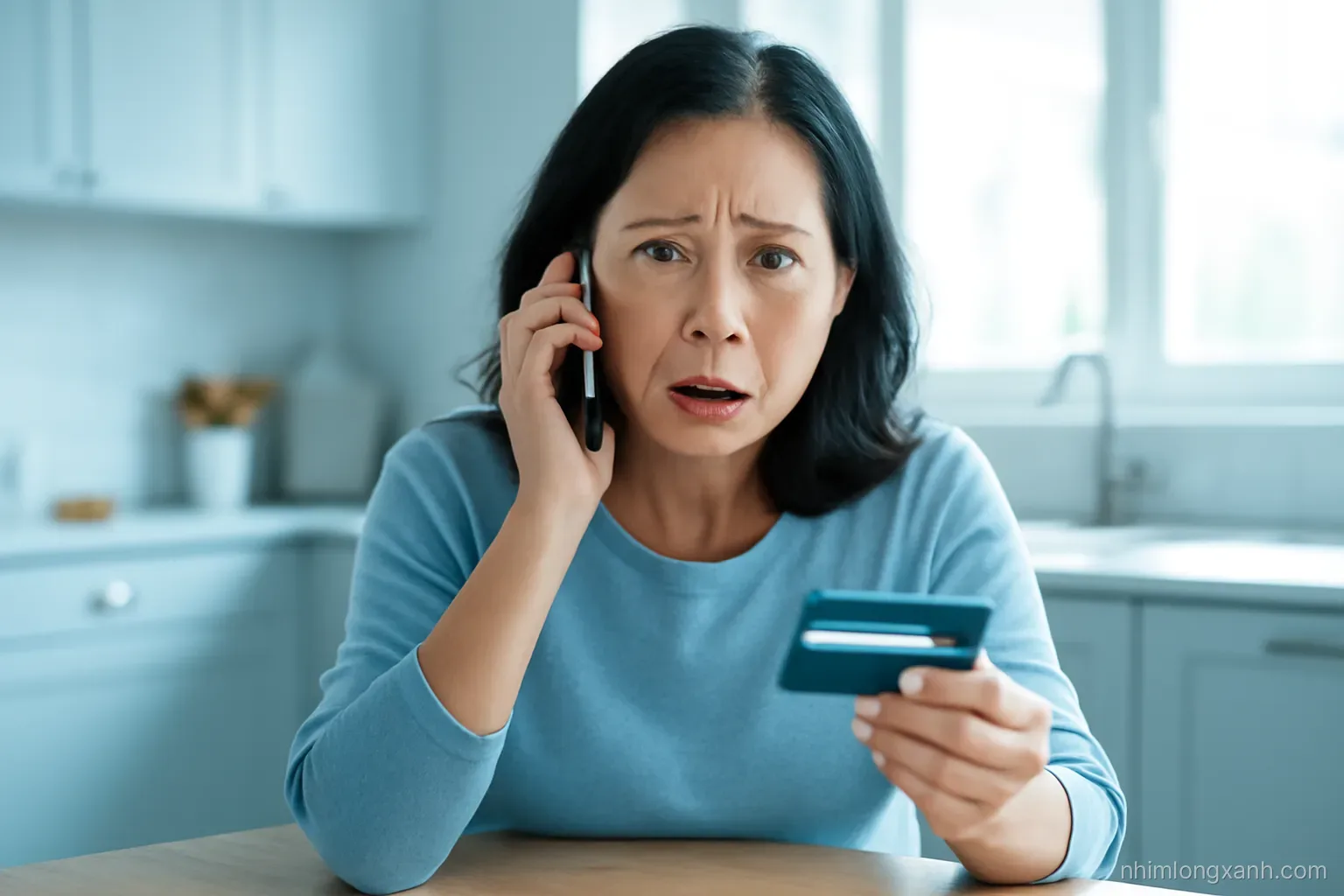 Anxious Vietnamese woman in her forties at a kitchen table holding a phone with blank glowing screen to her ear, another hand on a bank card, medium close-up, cool morning light, slate blue tones