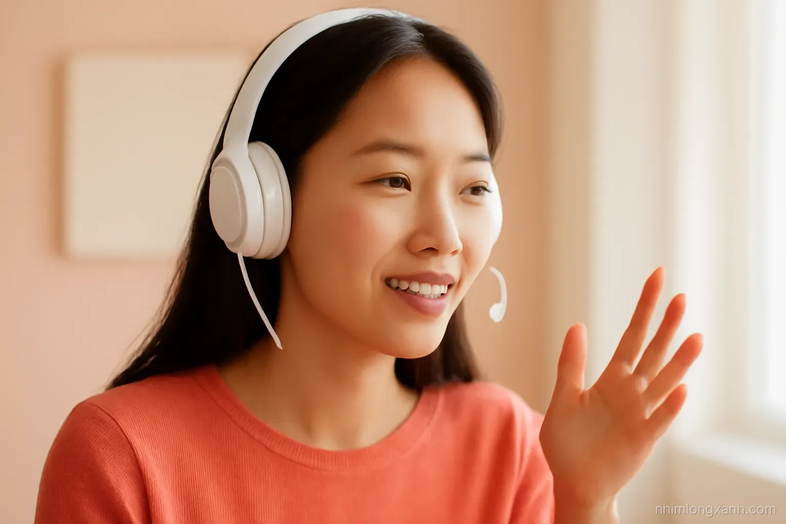 Close-up of a Vietnamese woman wearing headphones and speaking into a small microphone, hand gesturing tone contours in the air, warm studio light, coral and cream palette