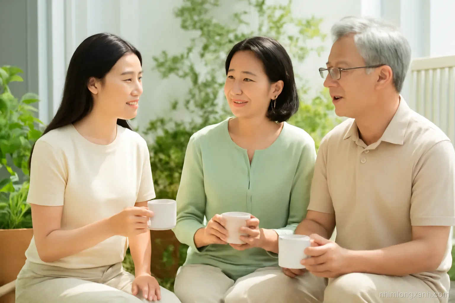 Medium two-shot of a young Vietnamese woman sitting with her parents on a sunlit balcony with potted plants, gently talking over cups of tea, calm cream and green palette