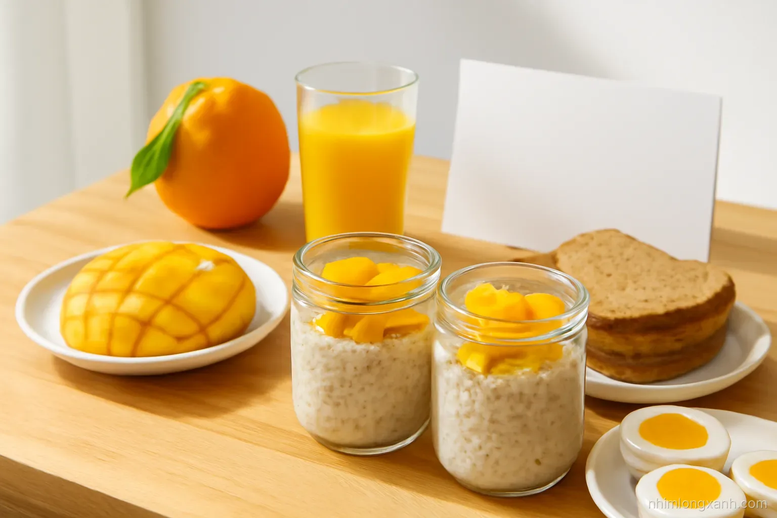 Low angle shot of a sunny wooden breakfast table with overnight oats in glass jars, sliced mango, boiled eggs and whole-grain bread, fresh orange and green colors
