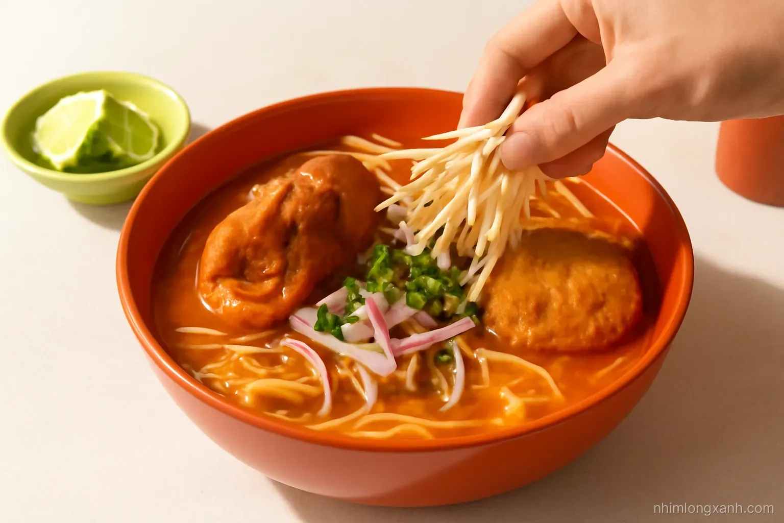 Close-up of a red-orange bowl of bun bo Hue with pork hock and crab cake, a hand adding shredded banana blossom, warm side light, terracotta and lime green tones