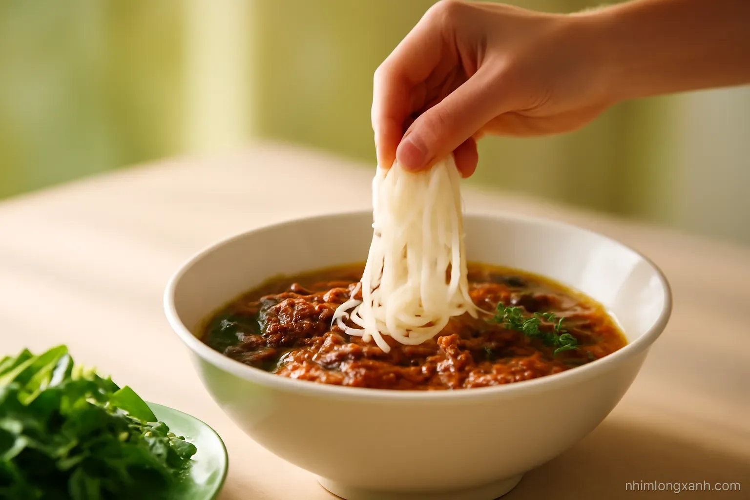 Three-quarter angle shot of a hand dipping white vermicelli into a bowl of bun cha broth with charred pork patties, fresh herbs blurred in the foreground, smoky warm light, amber and leaf green