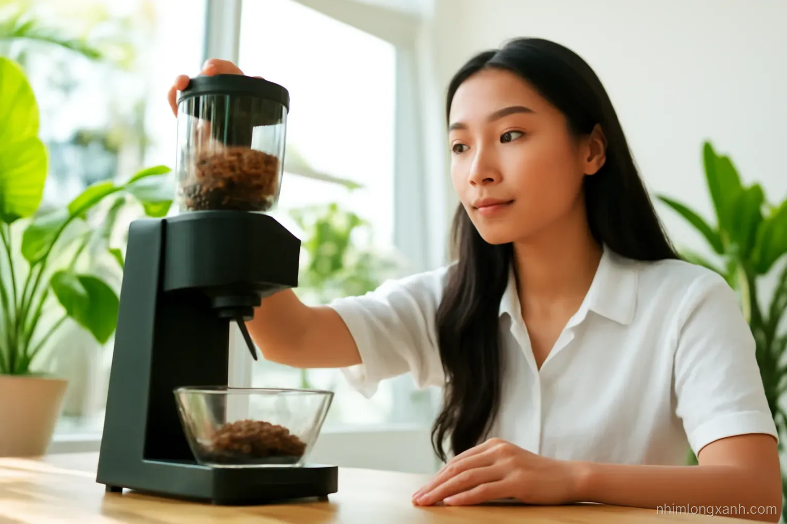 Low angle view of a young Vietnamese woman watching a burr grinder release fresh coffee grounds into a glass bowl on a sunny cafe bar counter, green plants behind, crisp morning light