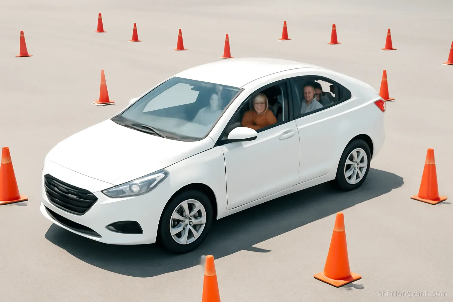 Elevated three-quarter view of a white training car weaving between orange cones on an empty practice yard, young Vietnamese learner at the wheel, instructor beside, bright midday sun, white and orange palette