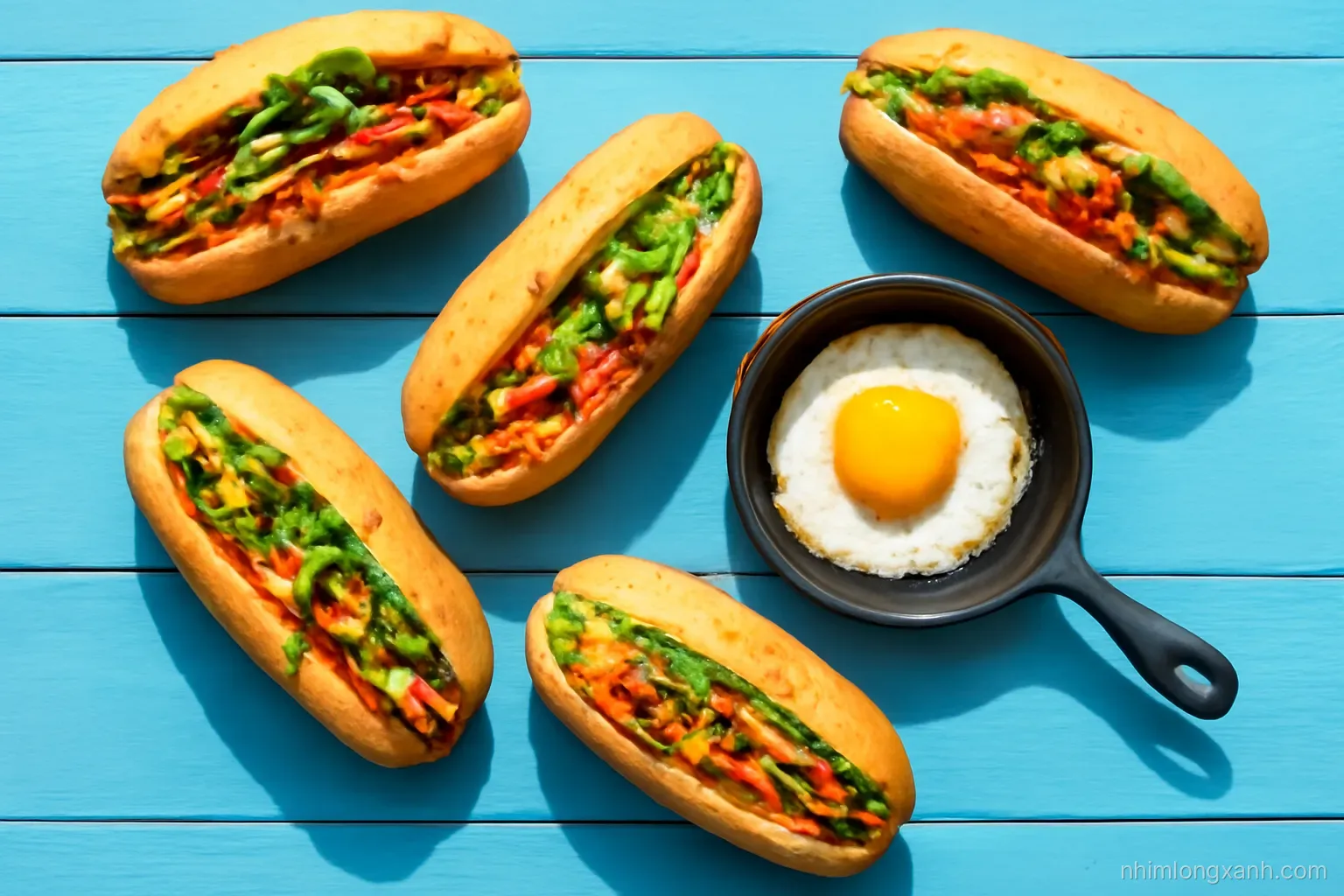Top-down flat lay of six different Vietnamese sandwiches and a small cast iron pan with fried egg on a sky blue wooden table, bright midday light, colorful fresh palette