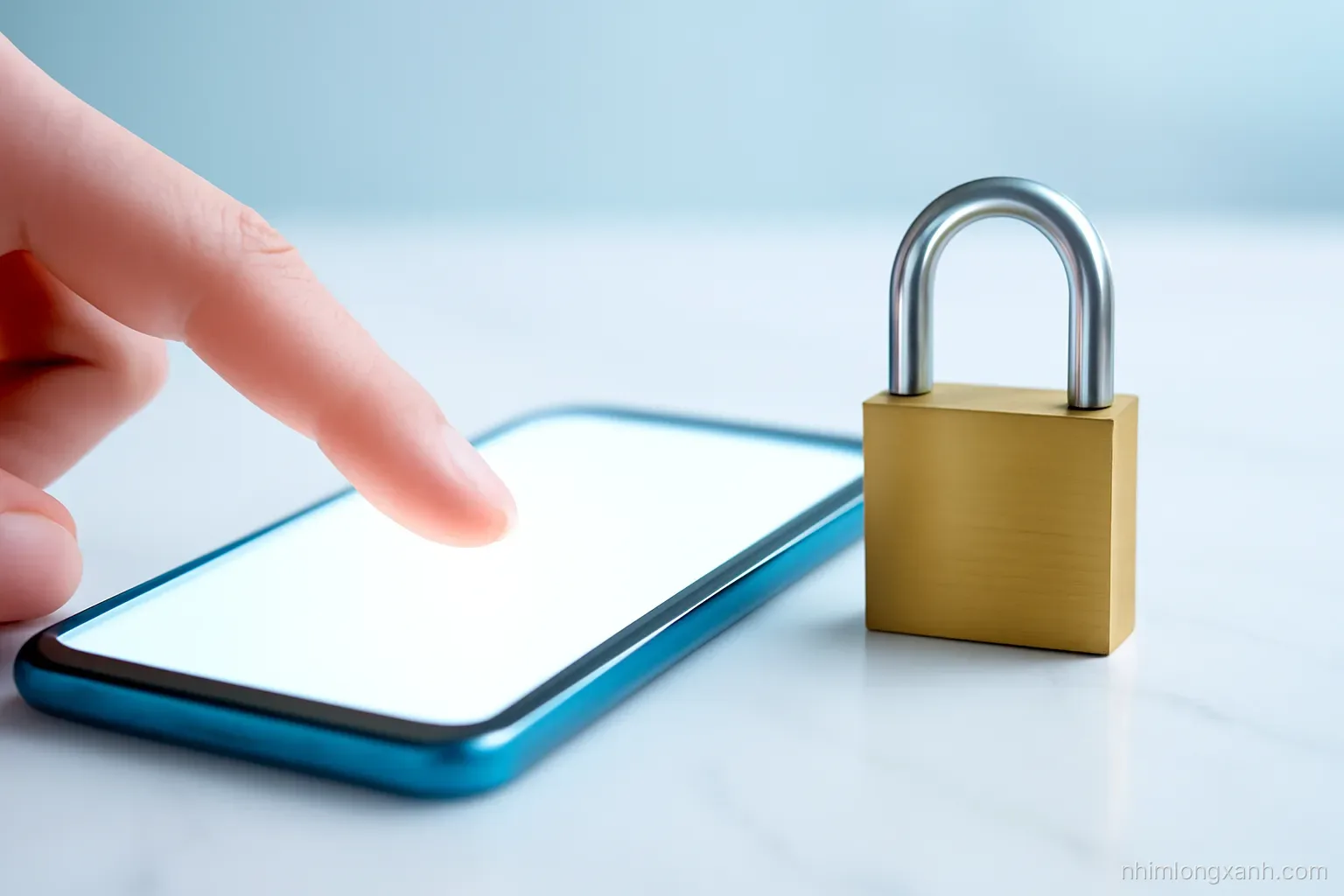 Macro shot of a fingertip touching a glowing blank smartphone screen next to a small brass padlock on a white marble surface, cool blue and gold palette, crisp light