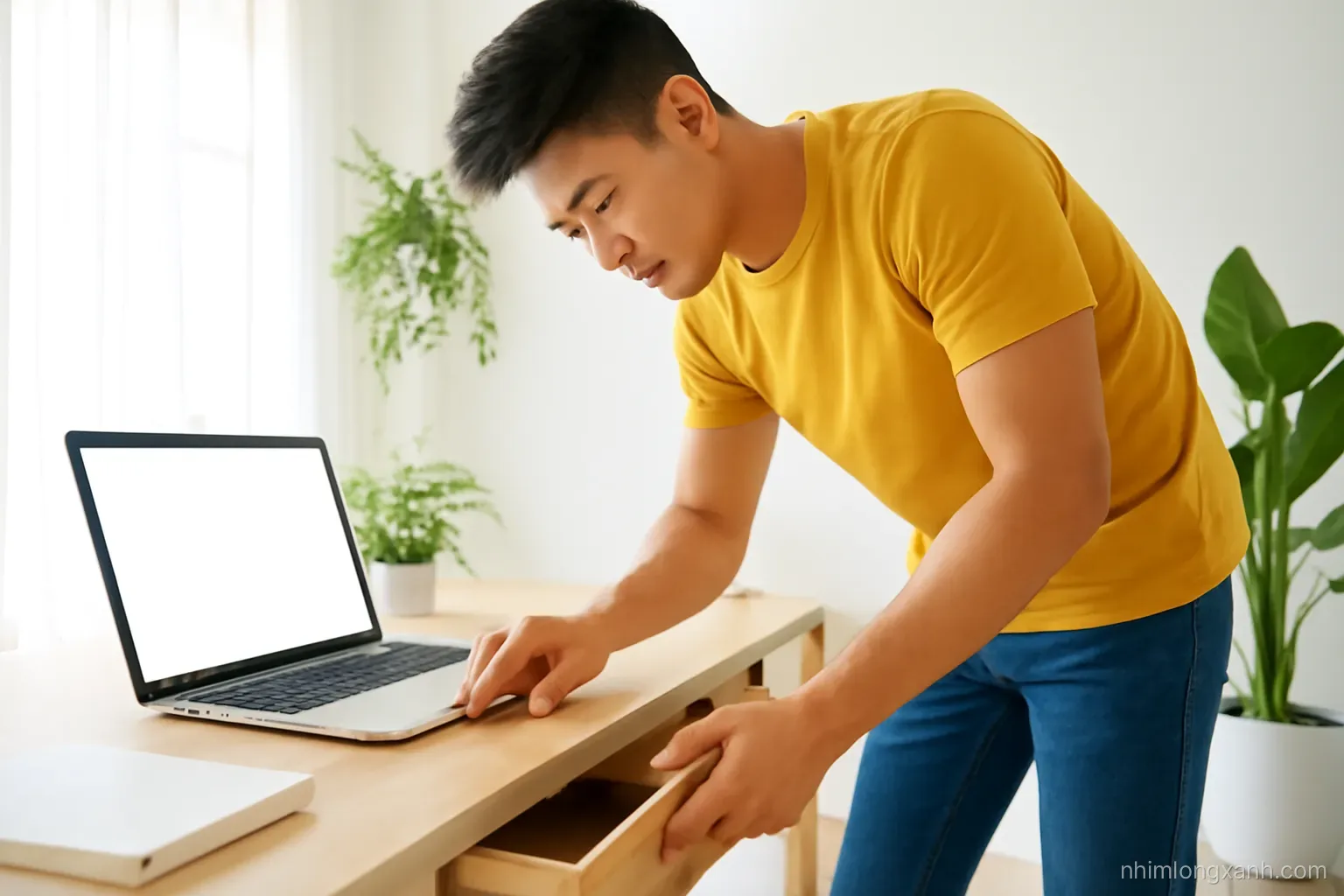 Low angle shot of a young Vietnamese man at a sunlit desk pushing his phone into a drawer while opening a laptop with a blank glowing screen, fresh green plants, airy room