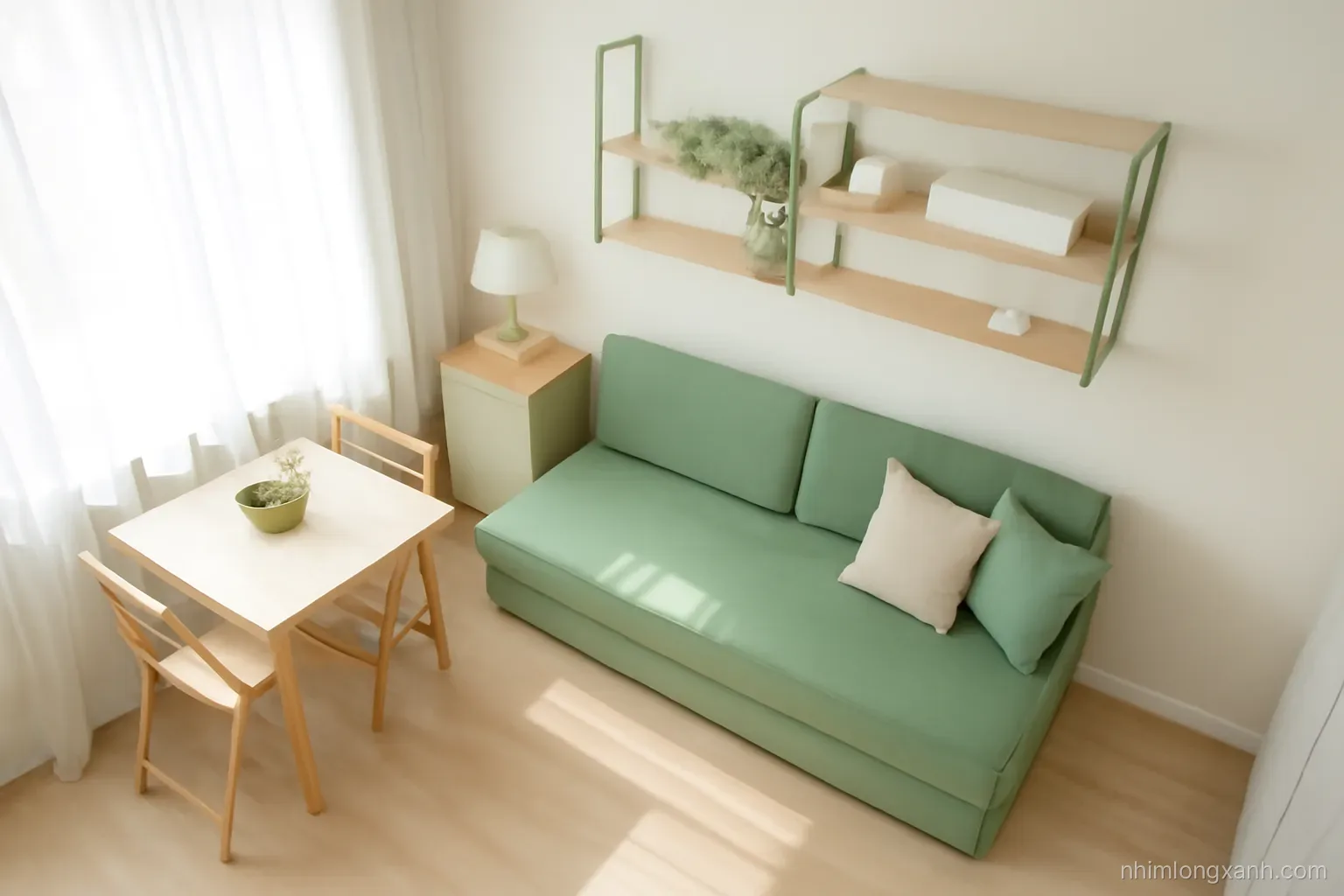 Top-down view of a compact Vietnamese studio apartment with a sofa bed, folding dining table and wall shelves, bright natural light, white oak and sage green palette
