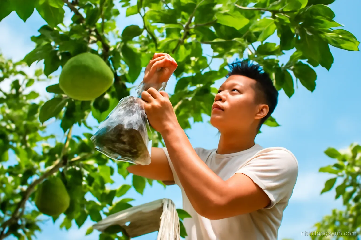 Low angle shot looking up at a Vietnamese man on a small ladder tying a clear plastic-wrapped soil ball onto a pomelo branch, glossy leaves, blue sky, dappled sunlight