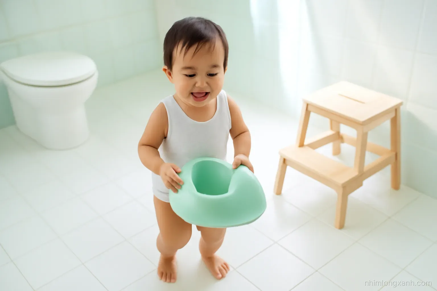 High-angle shot of a Vietnamese toddler in cotton training pants proudly carrying a small mint potty across a bright tiled bathroom, wooden step stool nearby, soft morning light, mint and white palette