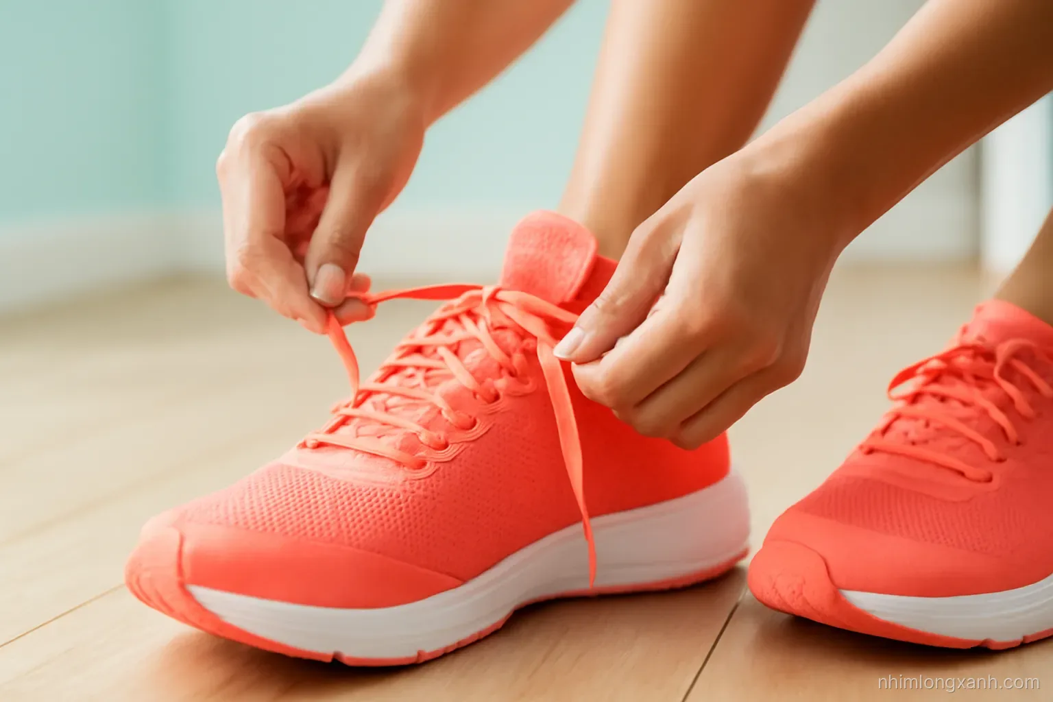 Macro close-up of a pair of bright coral running shoes on wooden floor, hands of a Vietnamese woman tightening laces, soft window light, pastel turquoise background