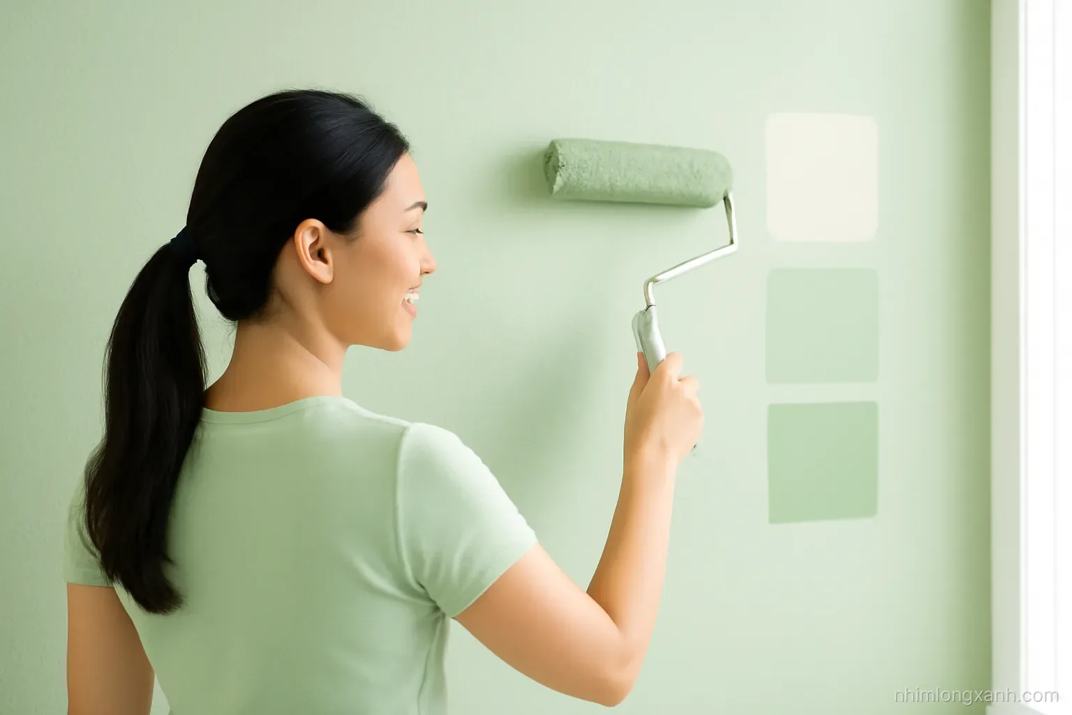 Vietnamese woman holding a paint roller in front of a freshly painted soft sage wall with three test swatches nearby, over-the-shoulder shot, bright daylight, airy green and ivory palette